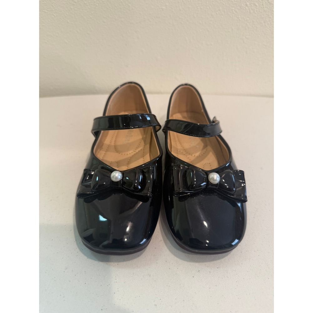 HanMuQing Black‎ Patent Leather Mary Jane Flats Bow Pearl Size 34 Girls Womens